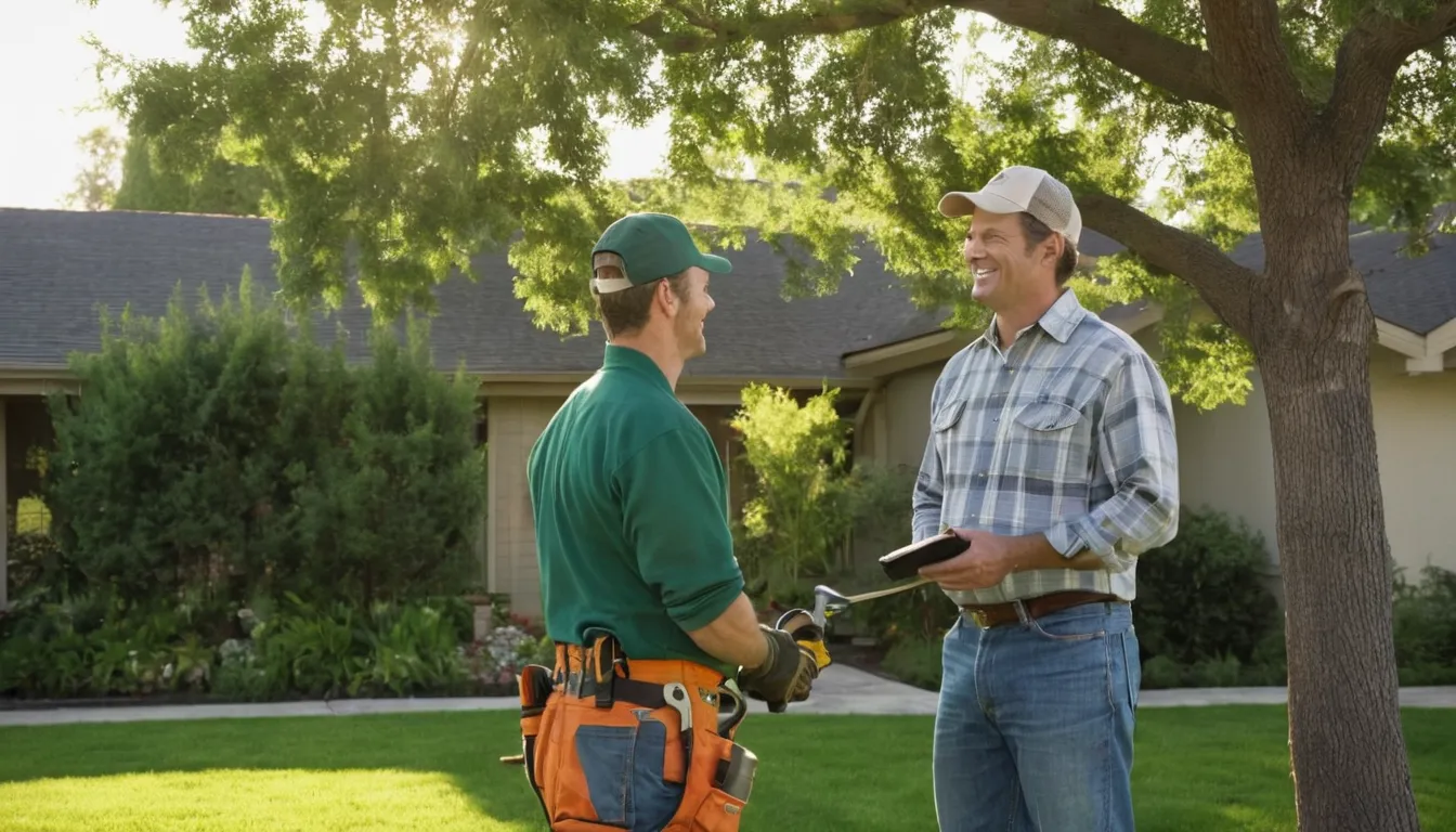 A tree removal provider inspecting a large backyard tree with a homeowner in Yellow Springs